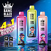 Three colorful vape devices labeled 'Bang Blaze 60000 4 in 1' with cartoon monkey characters on them, set against a reflective surface and a cosmic background, featuring charging and digital display icons.
