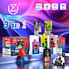 A display of various colorful vape devices labeled as 3 in 1 with the UZY logo, showcased against a vibrant purple background, highlighting their features like 54ml capacity, Type-C charging, and warning labels about nicotine addiction.
