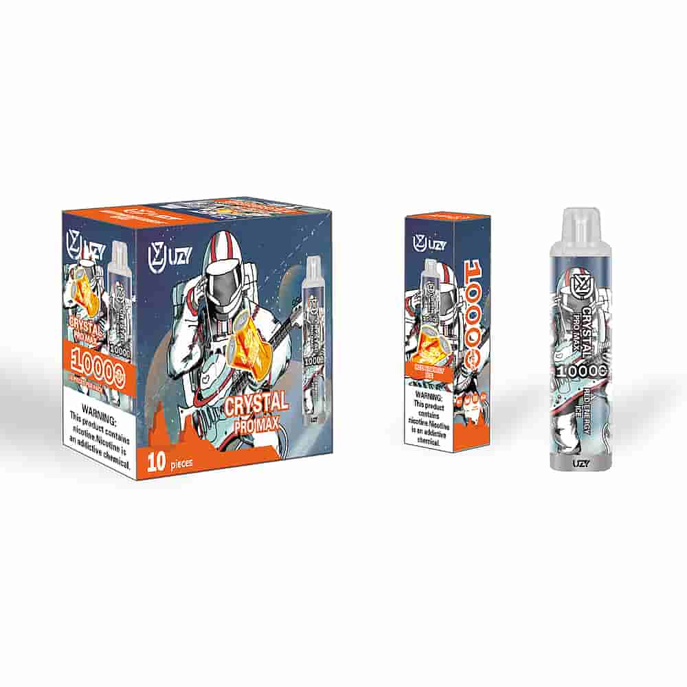 A Box And Vape Device Labeled &Quot;Crystal Pro Max 10000&Quot; With A Futuristic Astronaut Illustration Holding A Large Orange Crystal, Featuring Nicotine Warning Labels.