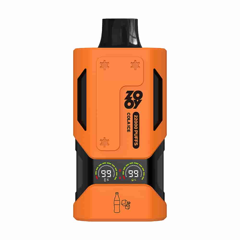 A Bright Orange Vape Device Featuring Two Digital Display Screens Showing Battery And Puff Count, Labeled '22000 Puffs', With A Sleek, Ergonomic Design And Black Accents.