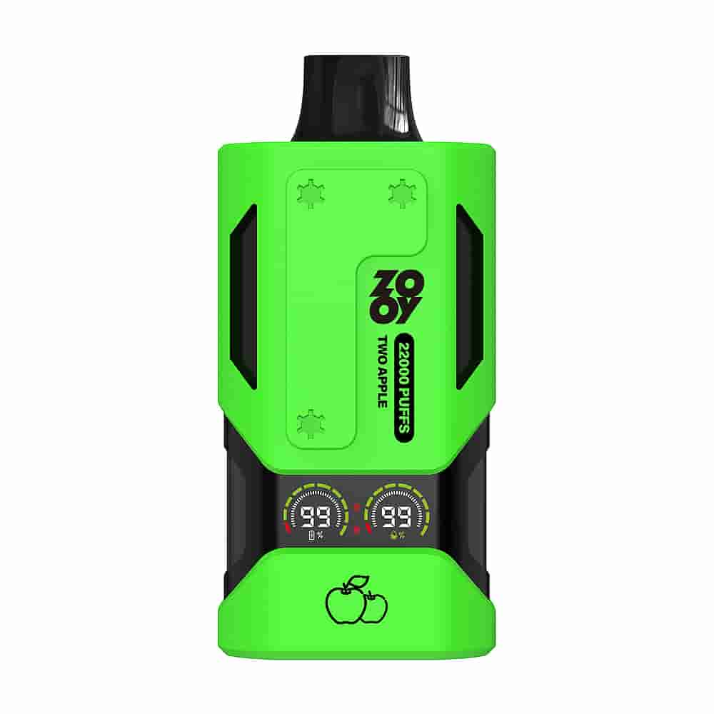A Bright Green Vape Device Labeled 'Zooy 22000 Puffs Two Apple' Featuring Two Small Digital Displays Showing Settings, With An Apple Icon At The Bottom.
