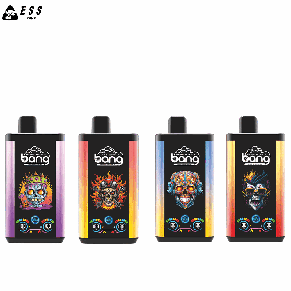 Quatro dispositivos de vaporização coloridos com desenhos de caveiras na frente, cada um com uma arte diferente e a inscrição "bang" na parte superior.