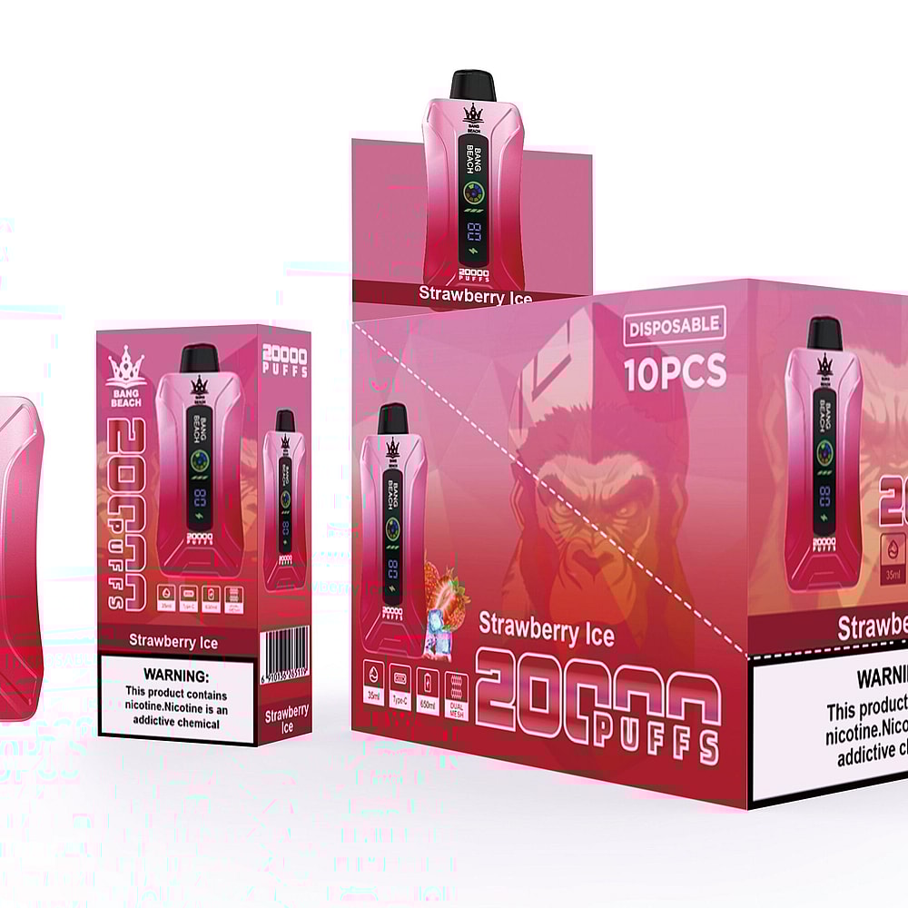 Un dispositivo di svapo monouso rosa con l'etichetta "Bang Beach" con 20.000 tiri, aroma Strawberry Ice e avviso di nicotina. L'immagine mostra anche la scatola del prodotto e una confezione più grande con 10 pezzi.