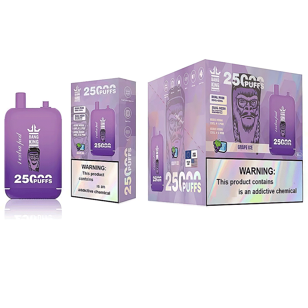 Dispositivo per svapare Bang King in confezione viola con l'etichetta "25000 boccate" al gusto di ghiaccio all'uva, raffigurante un gorilla e un avviso sulle sostanze chimiche che creano dipendenza.