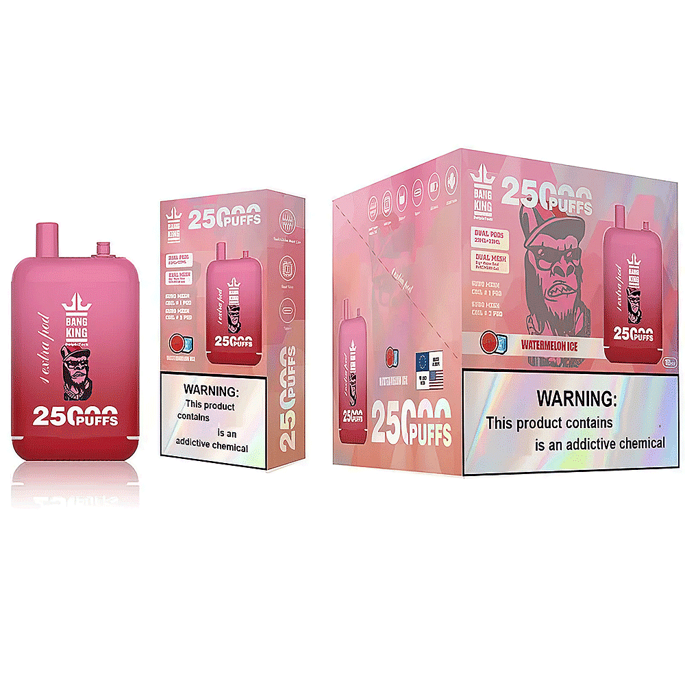Confezione di dispositivo di svapo monouso con etichetta "Bang King" con 25.000 boccate, aroma ghiaccio all'anguria e avvertenze sanitarie sulle sostanze chimiche che creano dipendenza. Il dispositivo e la scatola sono rosa con il logo di un gorilla.
