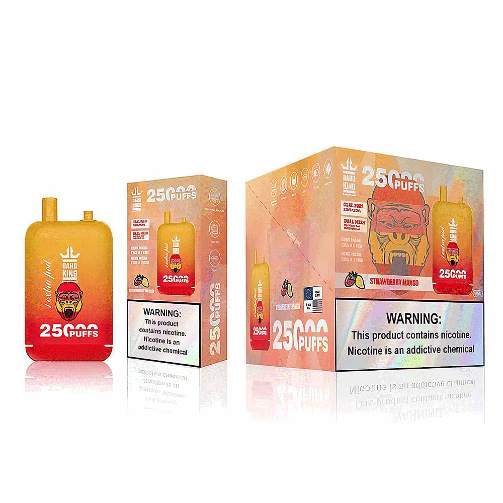 Dispositivo per svapare usa e getta con marchio "Bang King", con capacità di 25.000 boccate e aroma di fragola e mango, insieme a un'avvertenza sanitaria sulla dipendenza da nicotina.