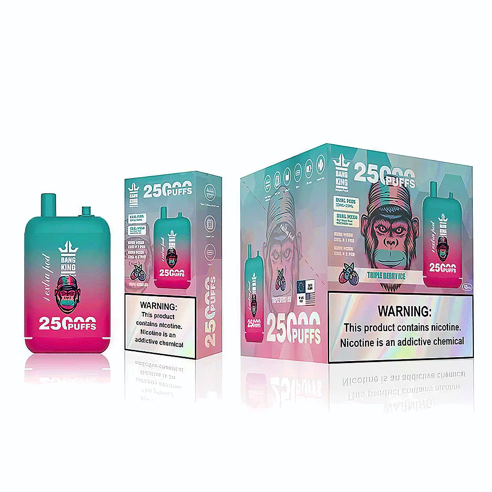 Confezione monouso per sigarette elettroniche con dispositivo sfumato verde acqua e rosa con l'etichetta "Bang King" e capacità per 25.000 boccate, grafica di un gorilla e avvertenze sulla nicotina.