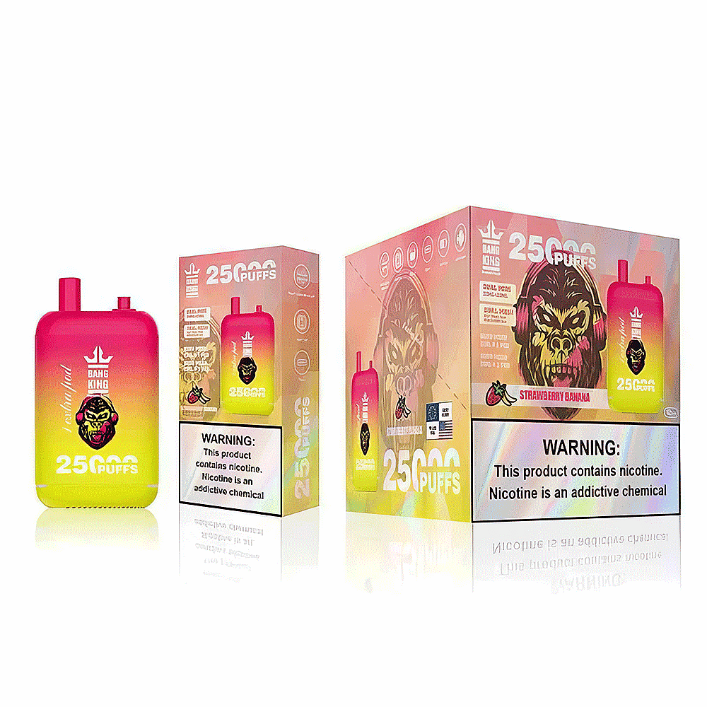 Un dispositivo per svapare sfumato di rosa e giallo brillante con un logo raffigurante un gorilla, etichettato "Bang King", accanto alla confezione che riporta la dicitura "25.000 tiri", il gusto "Fragola Banana" e avvertenze sulla dipendenza da nicotina.