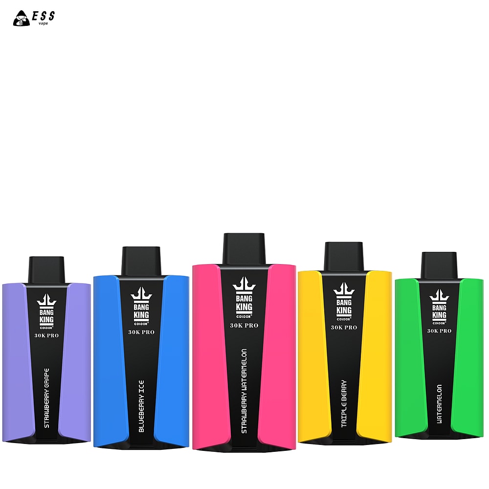 Cinque colorati vaporizzatori monouso Bang King 30K Pro, ognuno con gusti diversi: Strawberry Grape, Blueberry Ice, Strawberry Watermelon, Triple Berry e Lush Watermelon.