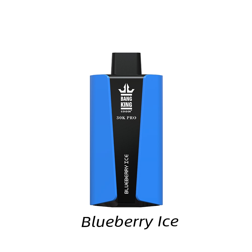 Dispositivo per svapare blu con etichetta "Bang King 30K Pro" al gusto "Blueberry Ice".