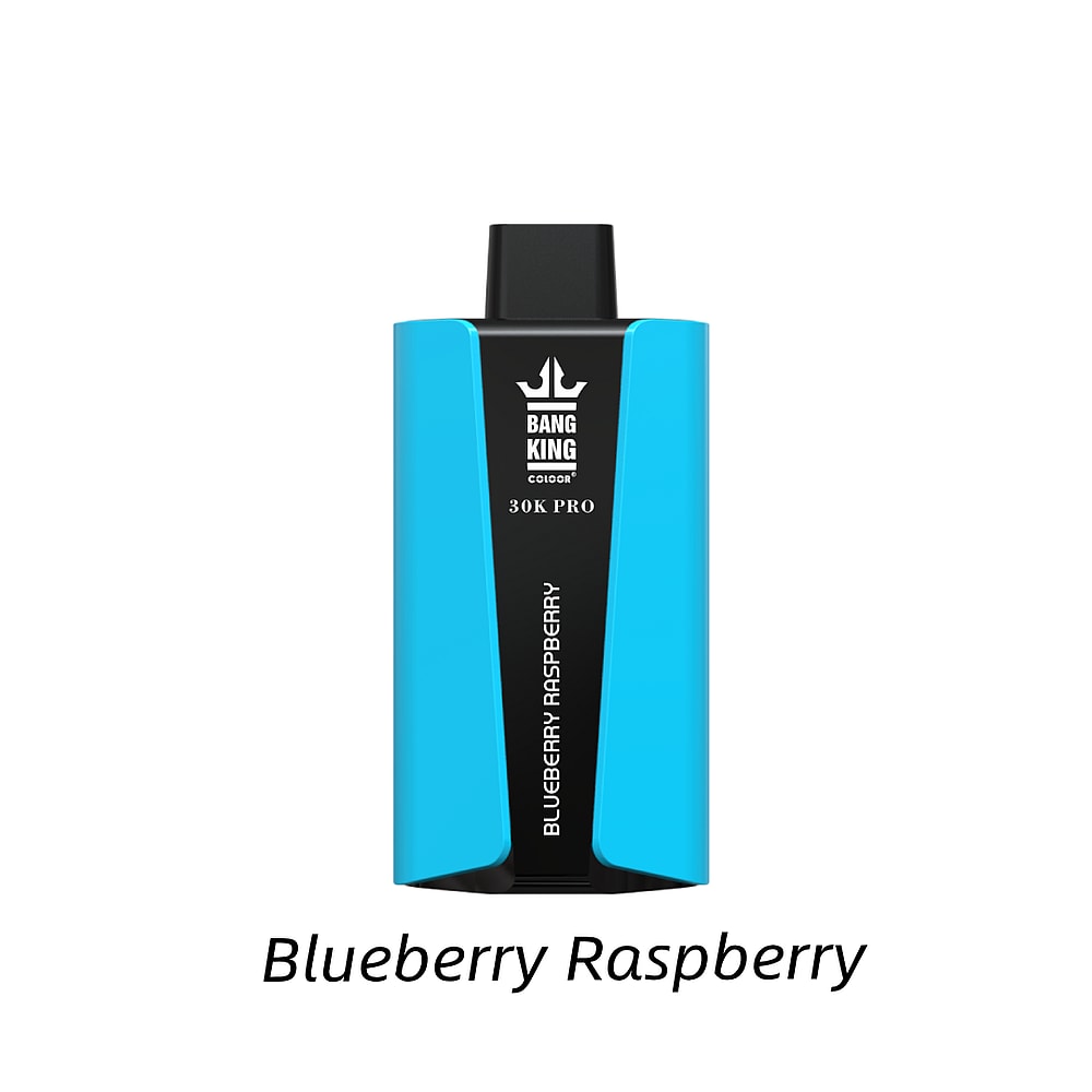 Dispositivo per svapare blu con etichetta "BANG KING 30K PRO" con aroma "Blueberry Raspberry"