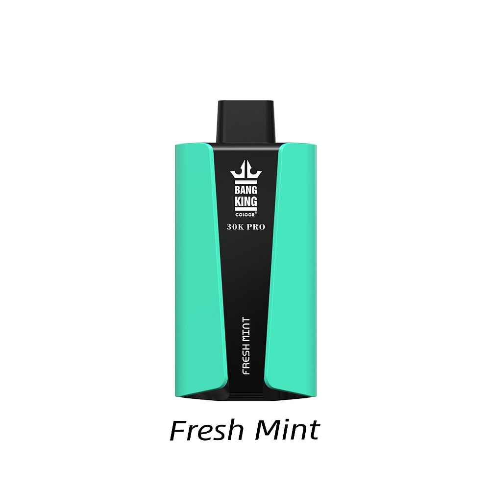 Un dispositivo per svapare nero e verde acqua con l'etichetta "Bang King 30K Pro" al gusto "Fresh Mint".