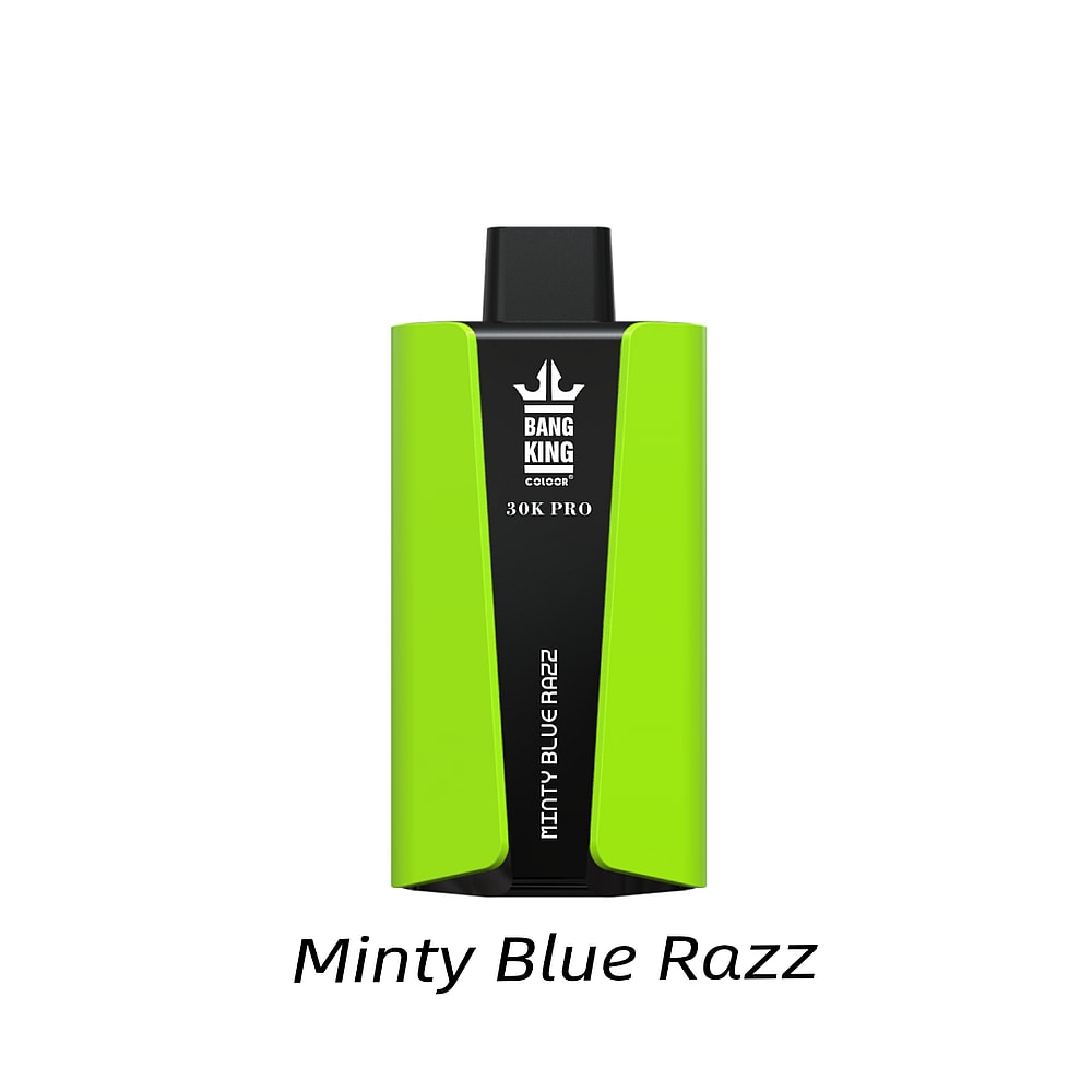 Dispositivo "Bang King" 30K PRO verde e nero etichettato "Minty Blue Razz"