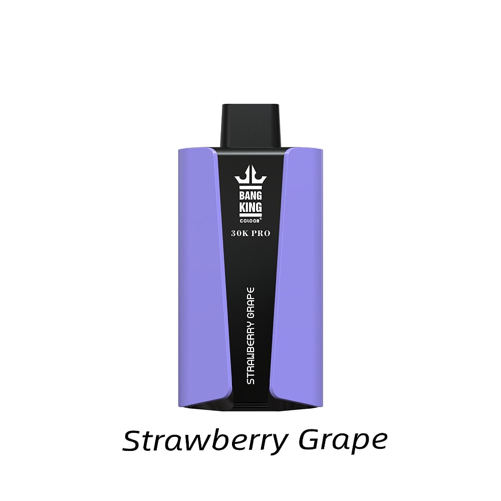 Un dispositivo per svapare Bang King Color 30K Pro al gusto di uva fragola con design viola e nero.