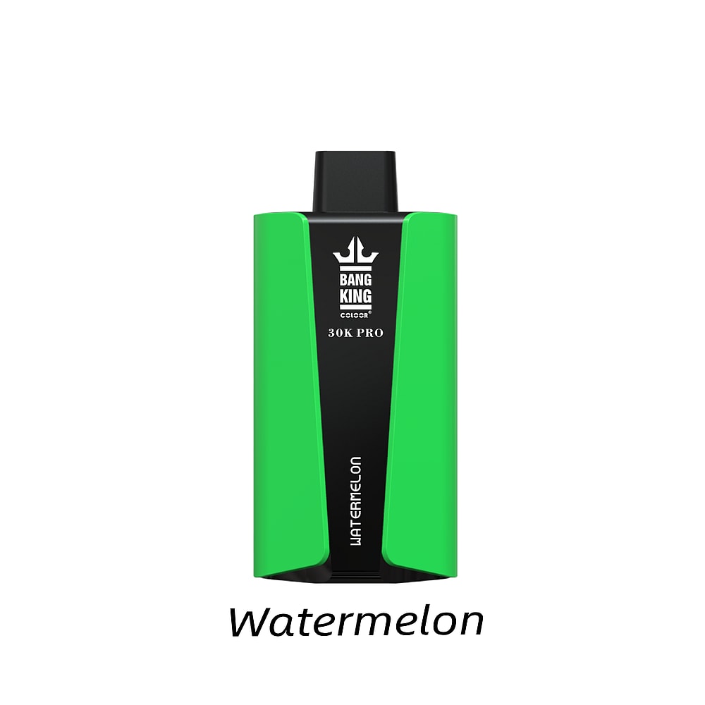 Un dispositivo per svapare "Bang King Color 30K Pro" verde con stampato sopra il sapore "Anguria".