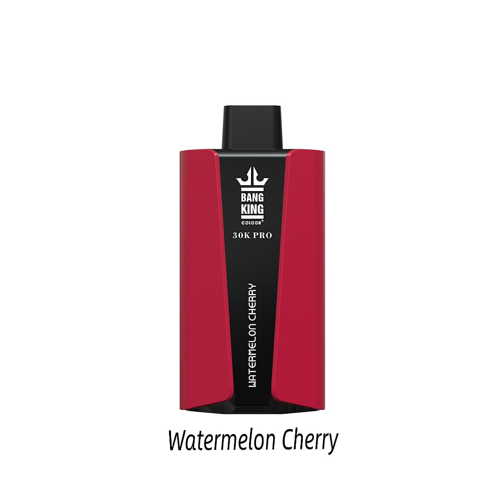 Un dispositivo per svapare usa e getta rosso e nero con l'etichetta "Bang King 30K Pro" al gusto "Watermelon Cherry".