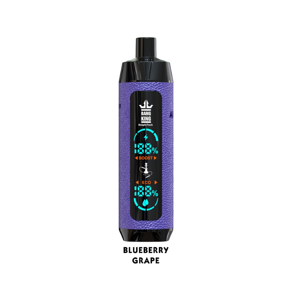 Bang King vape device with purple exterior, labeled "Blueberry Grape" flavor, featuring digital display showing boost and eco mode options.
