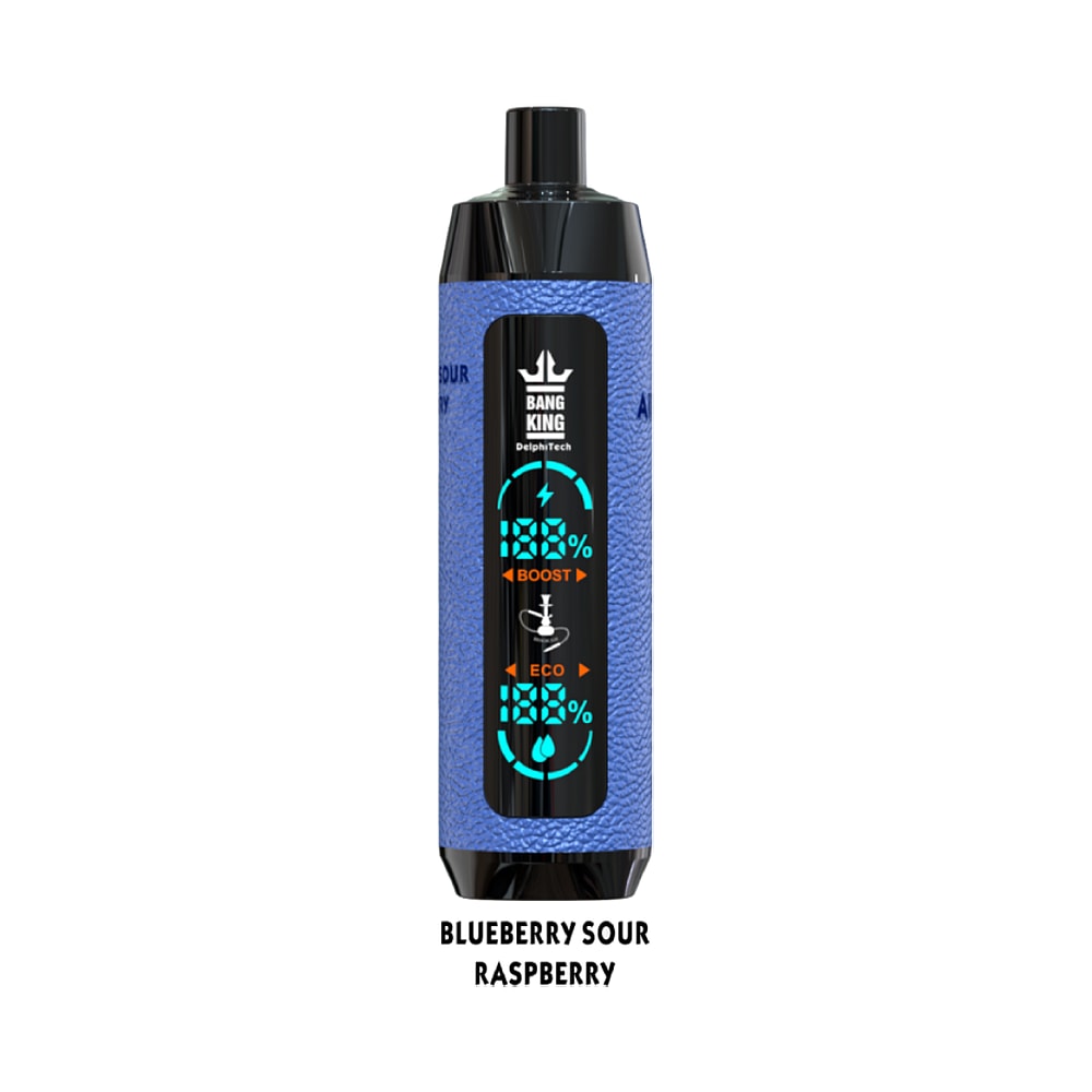 Bang King disposable vape with a blue exterior labeled "Blueberry Sour Raspberry," featuring a digital display showing battery and mode settings.