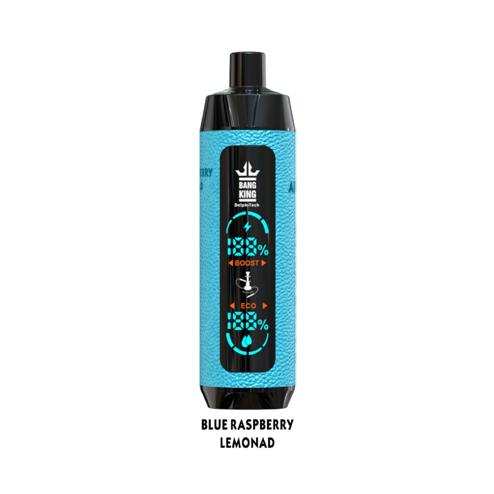 Blue vape device labeled "Bang King" with the flavor "Blue Raspberry Lemonade" and adjustable settings for "Boost" and "Eco" displayed on the front.