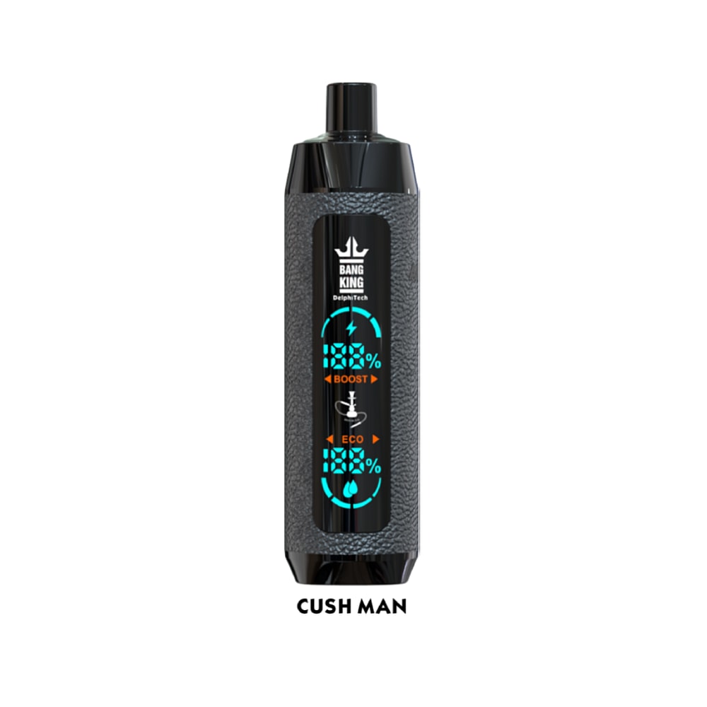 Bang King vape device labeled "Cush Man" with a textured gray body, black top, and digital display showing "Boost" and "Eco" modes.