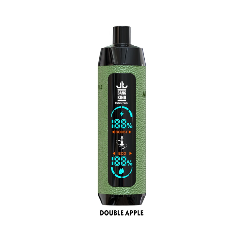 Bang King Double Apple vape device with green textured body and digital display showing "Boost" and "Eco" modes.
