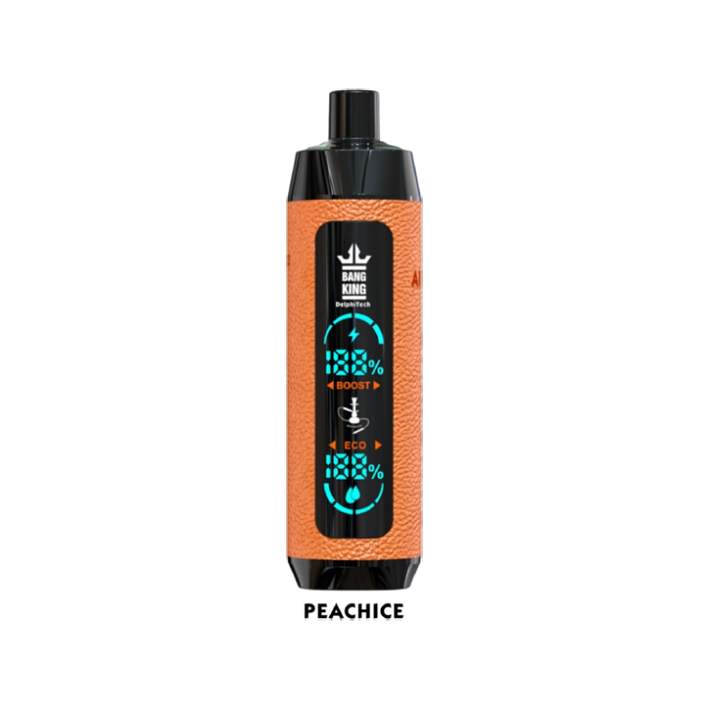 Orange cylindrical vape device with a display showing boost and eco modes, labeled "Bang King" and flavor "Peach Ice."