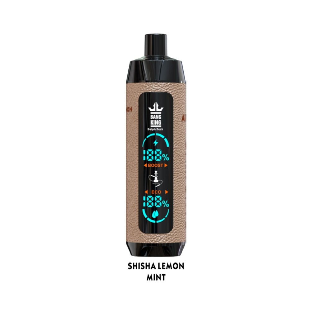 A vape device with a brown textured finish and a digital display showing "BANG KING" along with various icons, and labeled "SHISHA LEMON MINT" below.