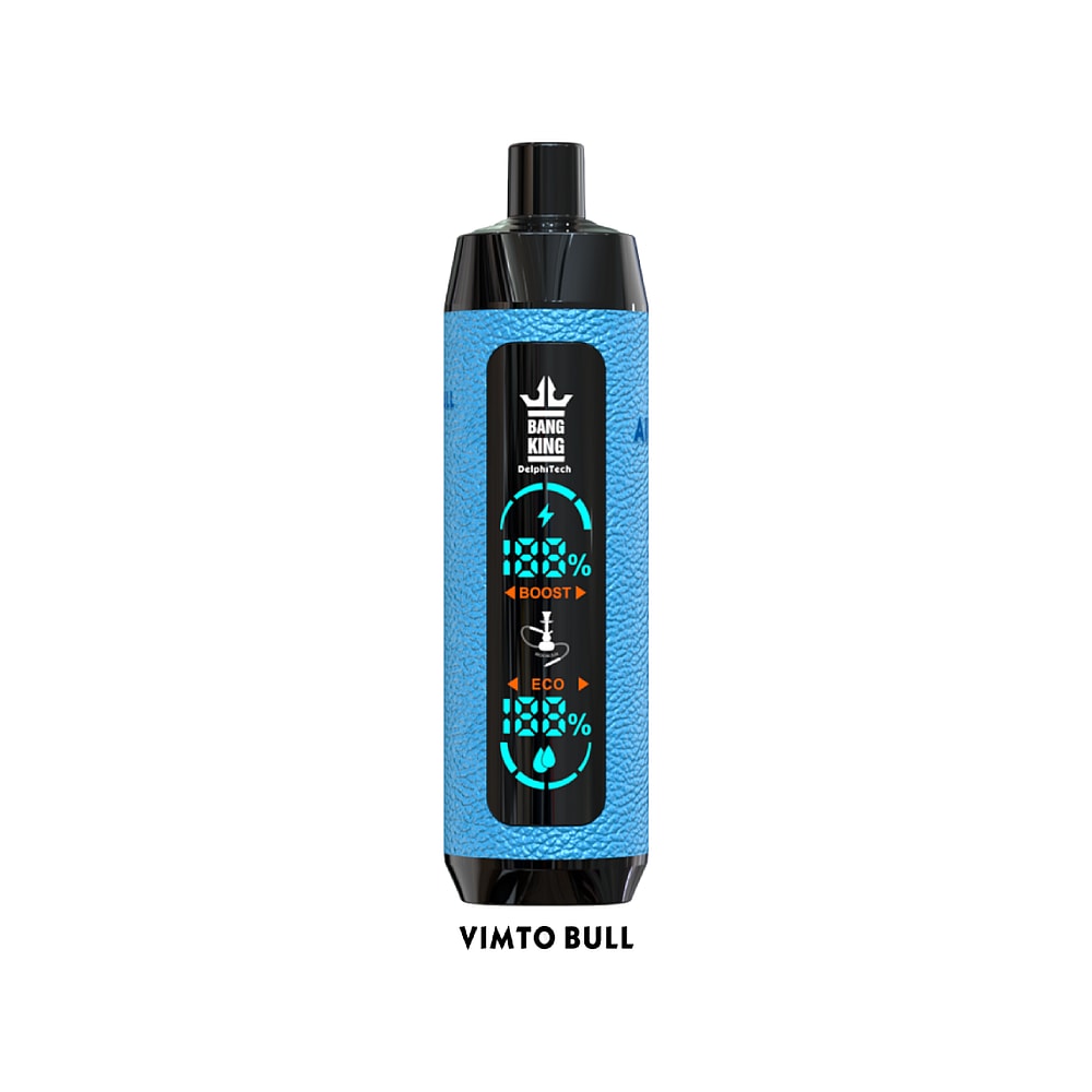 Blue textured disposable vape device labeled "Bang King" with a display showing "BOOST" and "ECO" modes, named "VIMTO BULL".