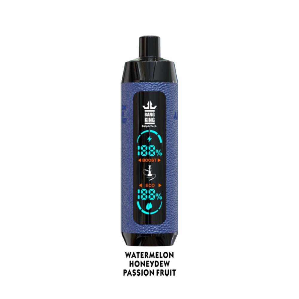 A black and blue disposable vape device labeled "BANG KING" with a digital display and flavor text "Watermelon, Honeydew, Passion Fruit" at the bottom.