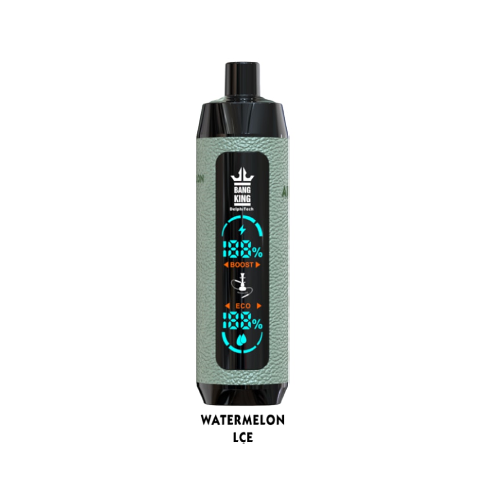 A gray vape device labeled "BANG KING" with a display showing options for "Boost" and "Eco" modes, flavor labeled as "WATERMELON ICE."