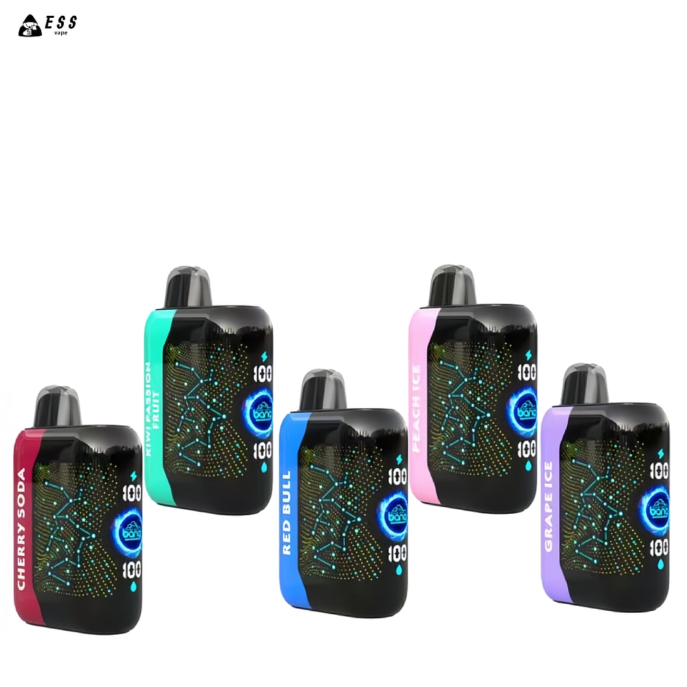 Cinco dispositivos de vapeo coloridos con pantallas digitales, que presentan diferentes sabores etiquetados: Cherry Soda, Kiwi Passion Fruit, Red Bull, Peach Ice y Grape Ice.