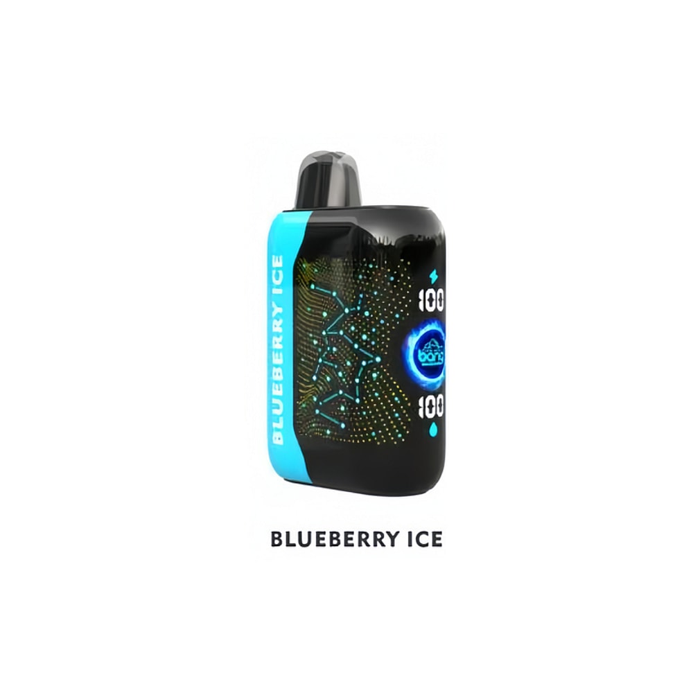 Un dispositivo de vapeo negro y azul etiquetado como "Blueberry Ice" con el número 100 mostrado dos veces y un diseño azul brillante.