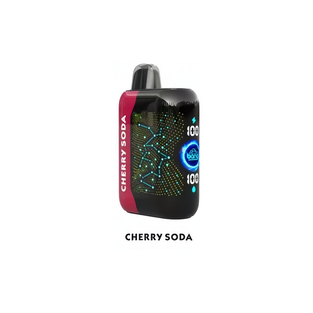 Un dispositivo de vapeo Cherry Soda con un diseño negro y rojo, que presenta un gráfico de estilo digital con efectos de luz azul y verde y marcas "100" en el lateral.