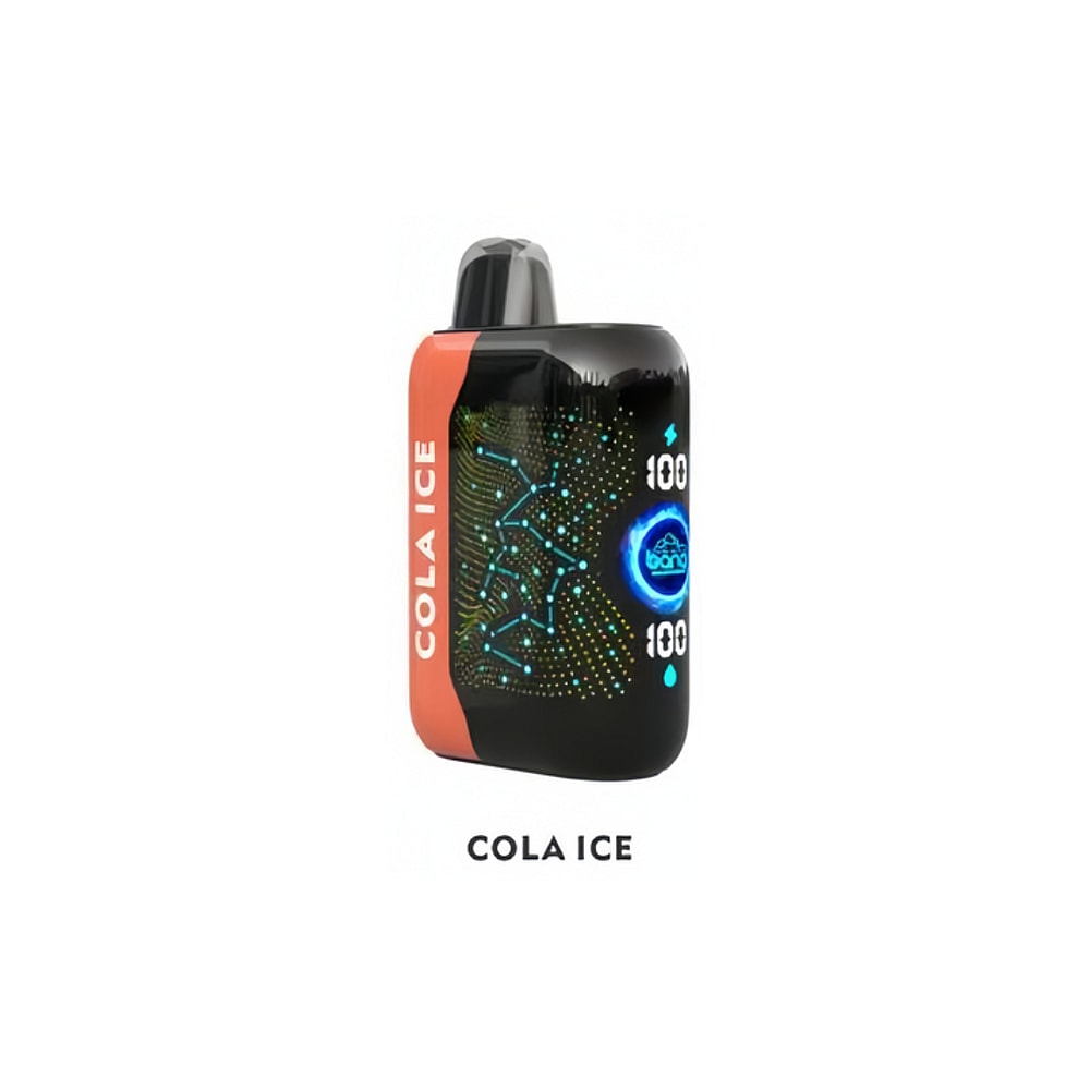 Un dispositivo electrónico negro y rojo etiquetado "COLA ICE" con un logotipo azul brillante y una pantalla digital que muestra "100" dos veces.