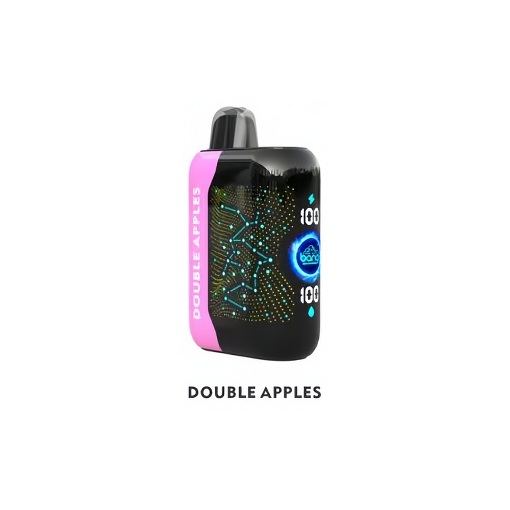 Un dispositivo de vapeo desechable de color negro y rosa etiquetado como "Double Apples" con una pantalla digital que muestra "100" y patrones de puntos de colores.