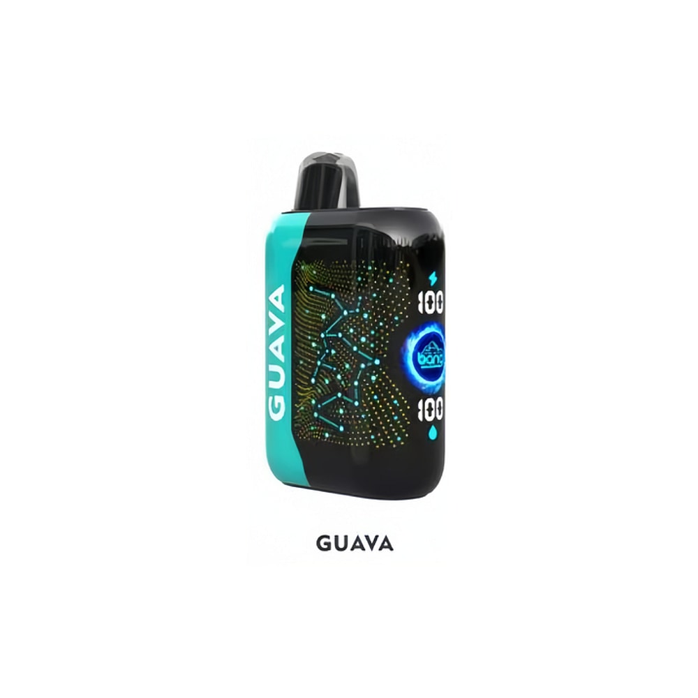 Un dispositivo de vapeo con sabor a guayaba con un diseño negro y verde azulado y detalles iluminados.