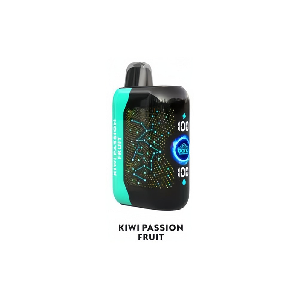 Dispositivo de vapeo con sabor a maracuyá Kiwi con un diseño en negro y verde, que presenta gráficos digitales y el número 100 mostrado en los laterales.
