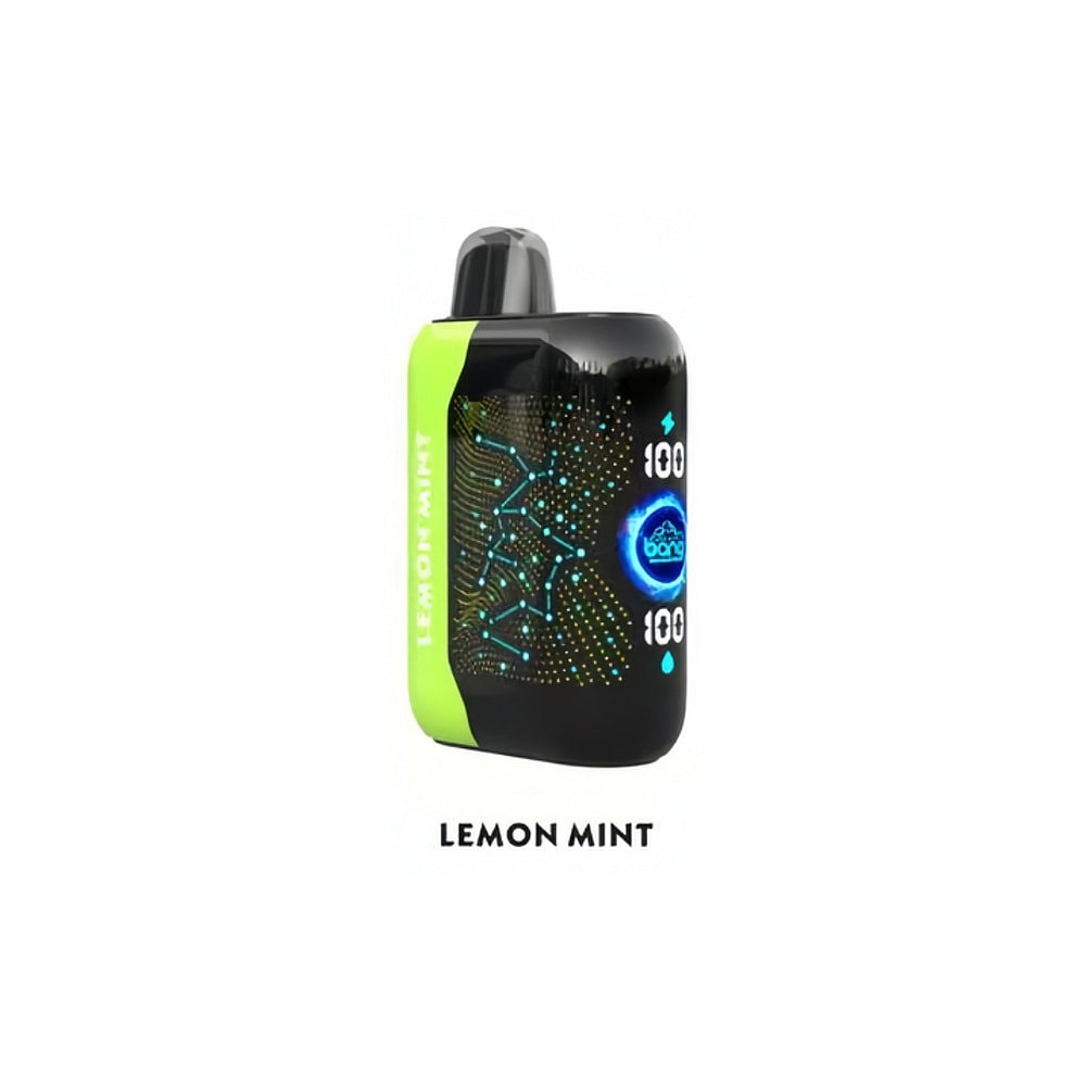 Dispositivo de vapeo con sabor a menta y limón con un diseño en negro y verde, que muestra "100" y gráficos azules brillantes.