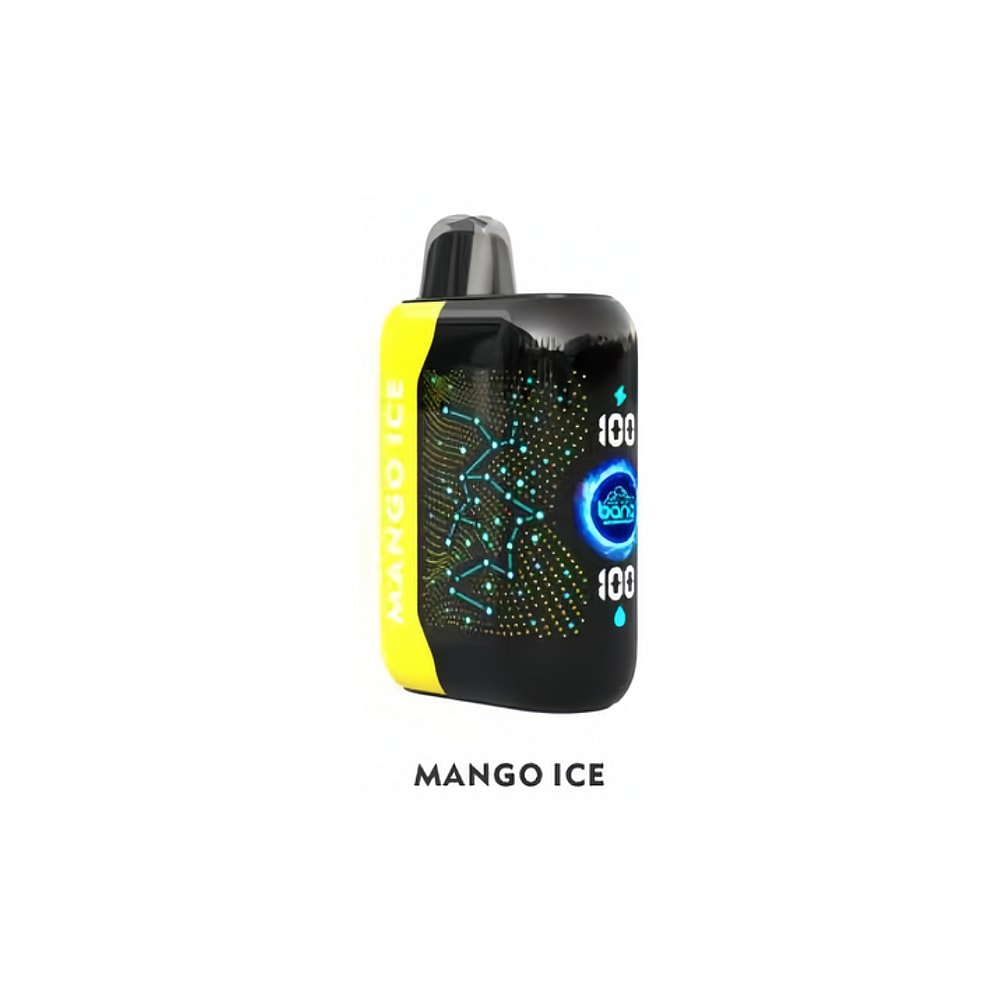 Un dispositivo de vapeo negro y amarillo etiquetado "Mango Ice" con un diseño brillante futurista que muestra "100" en el costado.