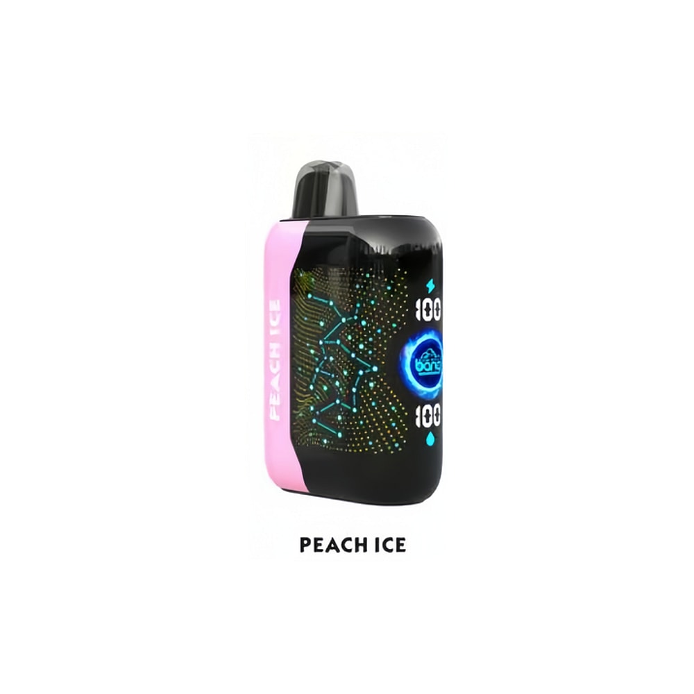Un dispositivo de vapeo negro y rosa etiquetado "Peach Ice" con una pantalla digital que muestra "100" y un diseño de círculo azul brillante.