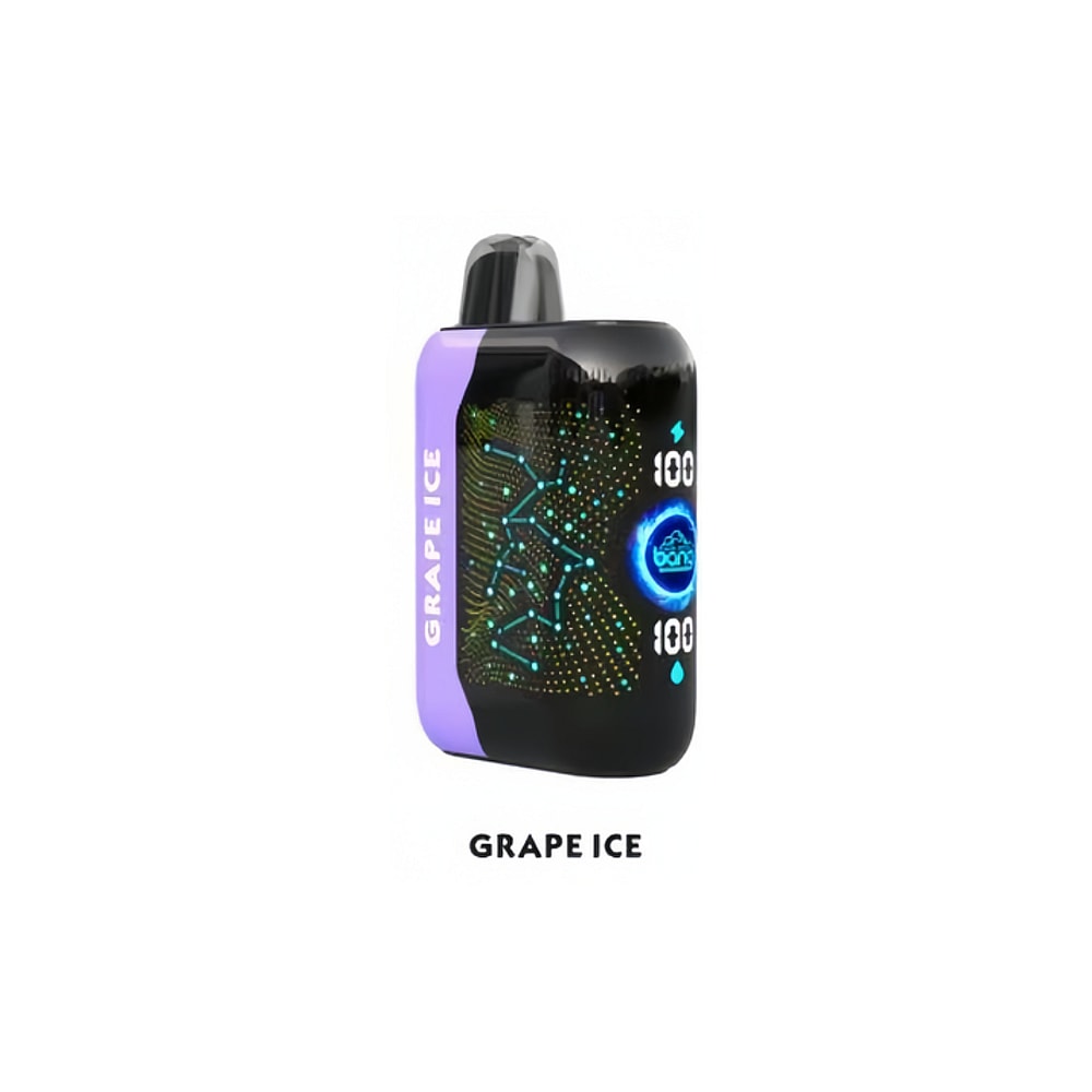 Dispositivo de vapeo desechable con sabor a hielo de uva con un diseño en negro y morado, que presenta un gráfico digital y está etiquetado con "100" para bocanadas o nivel de nicotina.