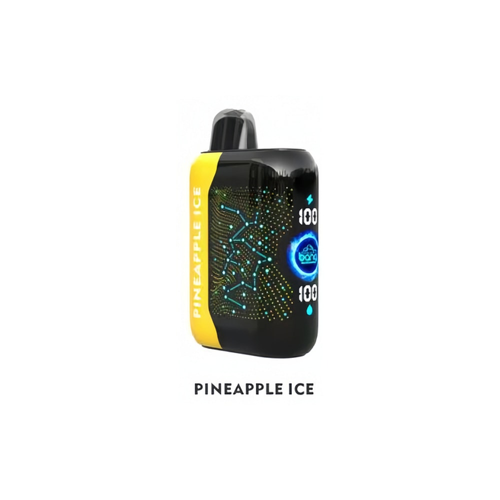 Dispositivo de vapeo con sabor a hielo de piña con un diseño amarillo y negro, pantalla digital que muestra la batería 100% y los niveles de líquido.