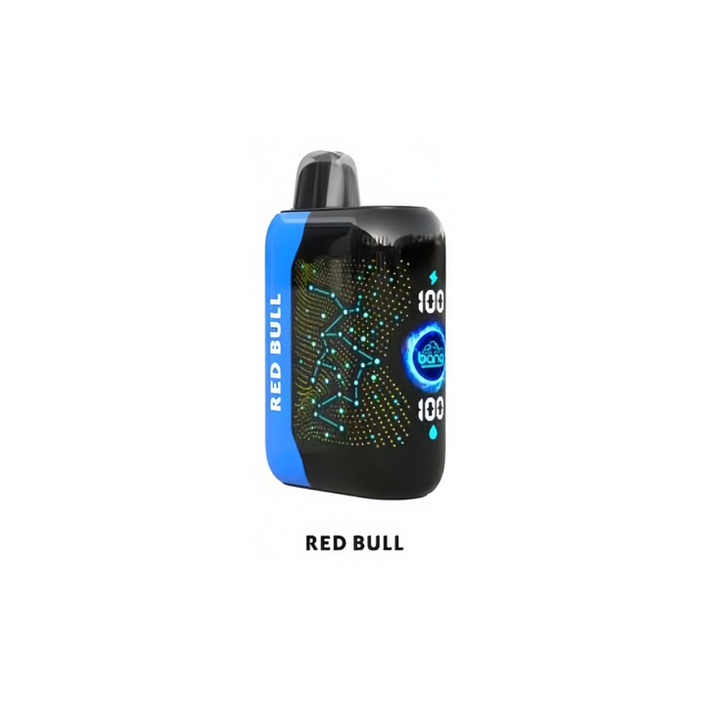 Un dispositivo de vapeo negro y azul etiquetado "Red Bull" con patrones digitales brillantes y el número 100 mostrado dos veces.