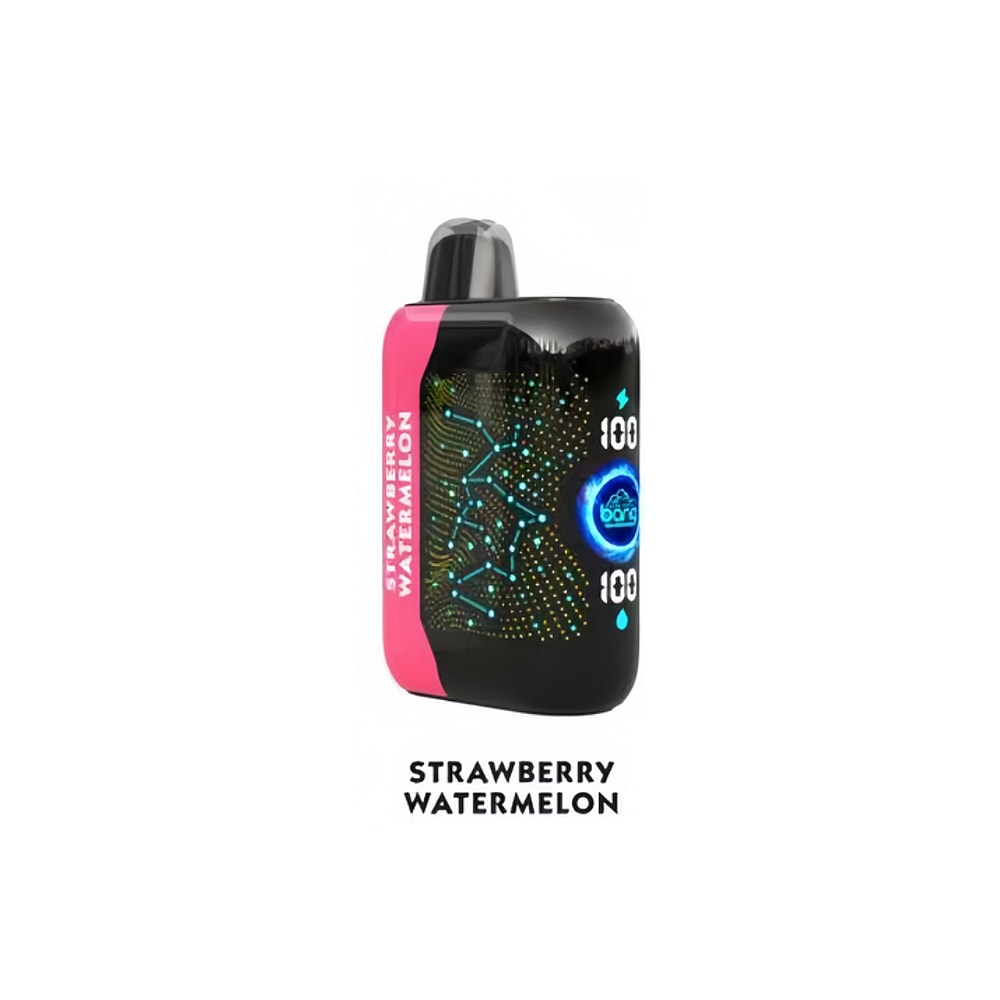 Un dispositivo de vapeo negro etiquetado como "Strawberry Watermelon" con patrones de neón azul y verde y el número "100" mostrado dos veces.