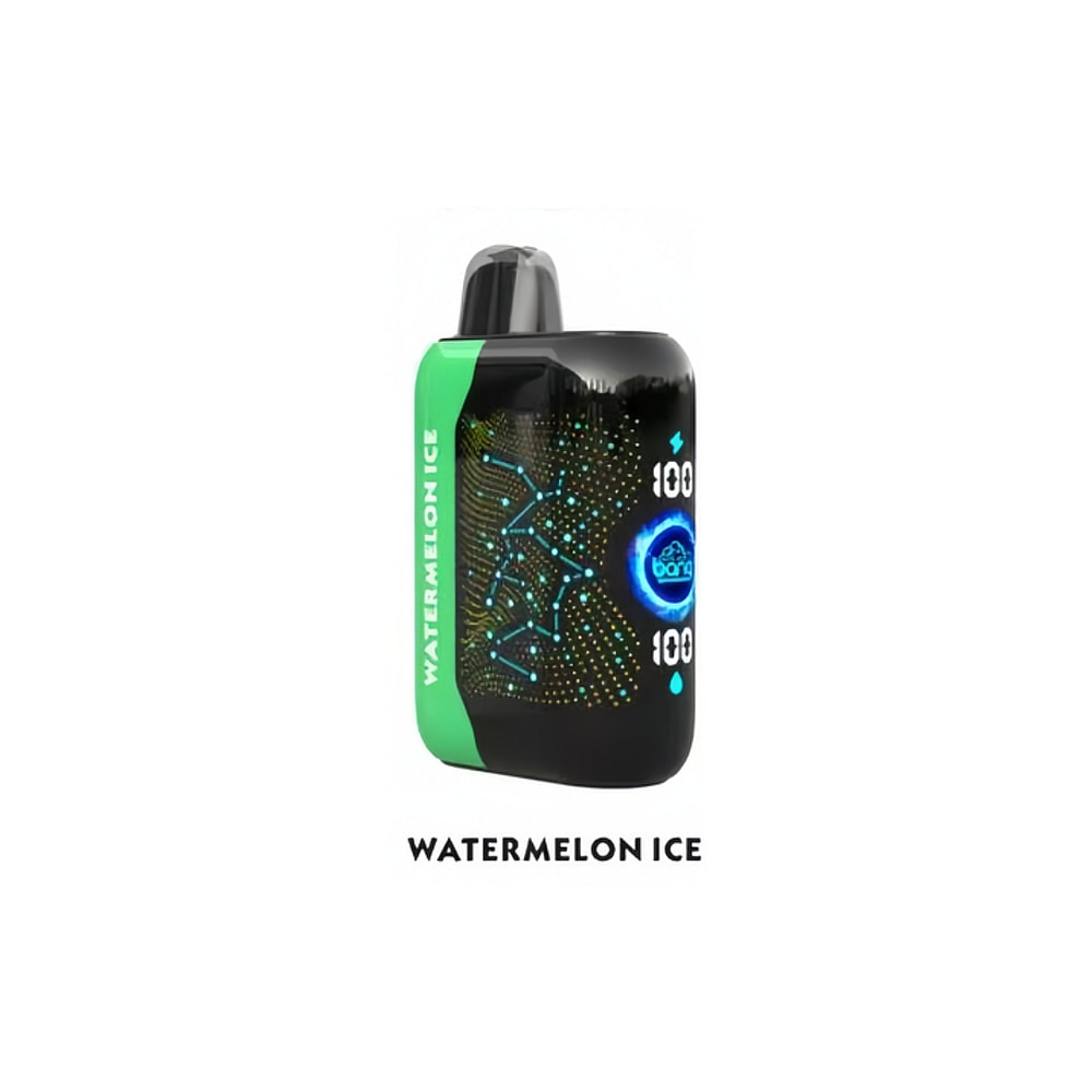 Un dispositivo de vapeo negro y verde etiquetado "Watermelon Ice" con patrones de puntos azules y amarillos brillantes y "100" impreso dos veces en el frente.