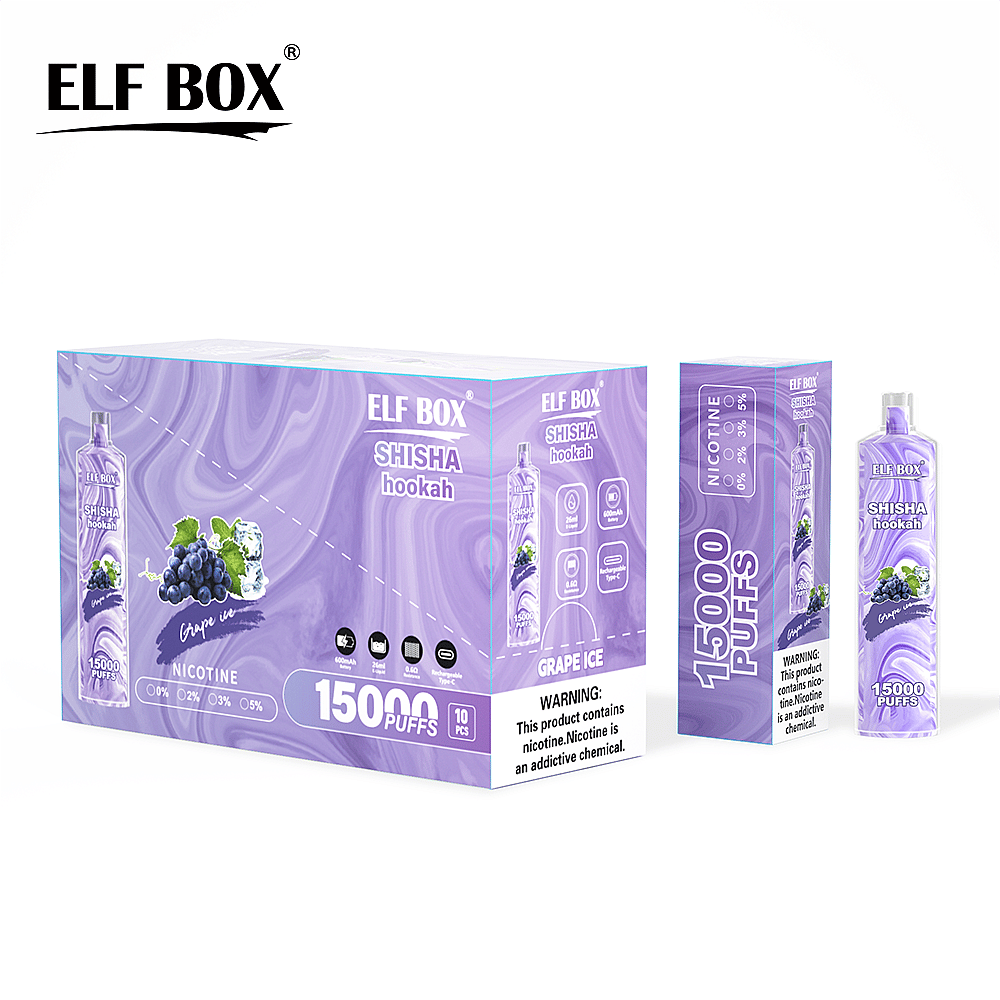 Una scatola viola e un dispositivo per svapare con l'etichetta "ELF BOX SHISHA hookah Grape Ice", raffiguranti immagini di uva e ghiaccio, con il testo che indica "15000 PUFFS" e un'avvertenza sulla nicotina.