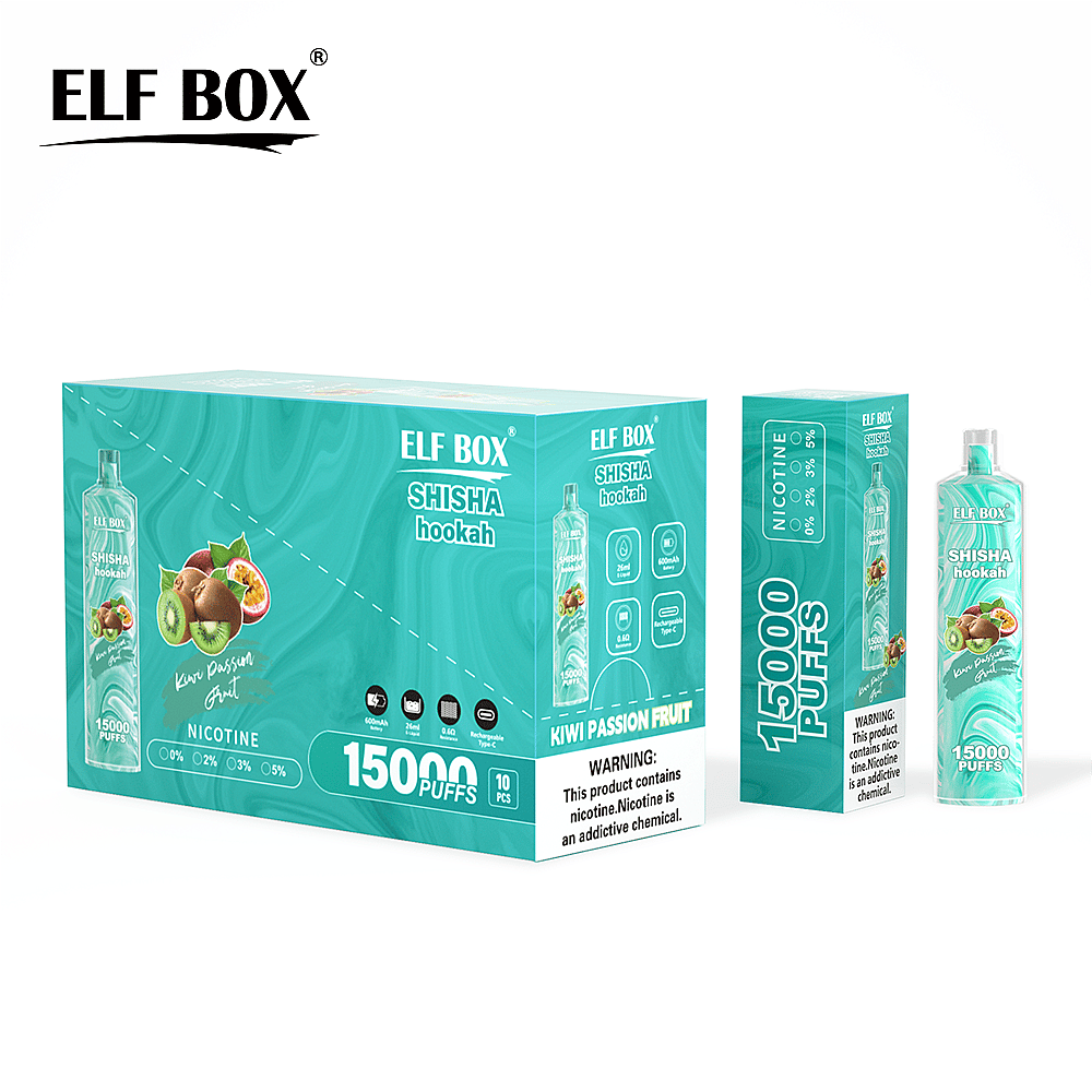 Confezione del narghilè ELF BOX SHISHA con aroma di kiwi e frutto della passione, con 15.000 boccate e opzioni di nicotina.