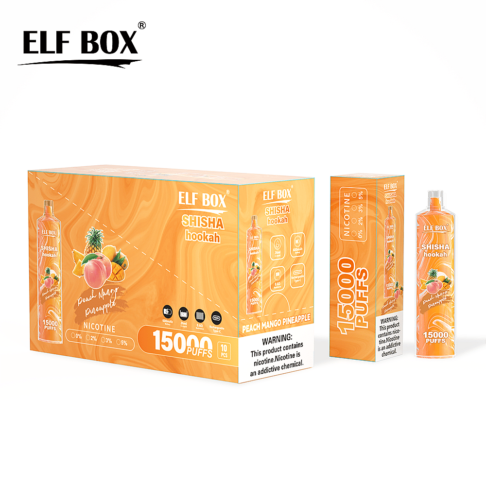 Confezione del narghilè Elf Box Shisha Hookah con vaporizzatore usa e getta da 15.000 boccate nei gusti pesca, mango, ananas e diversi livelli di nicotina, oltre ad avvertenze sul prodotto.
