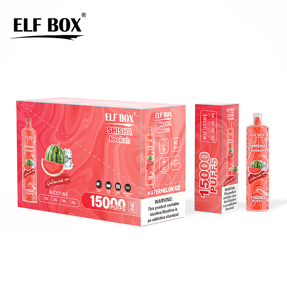 Confezione per narghilè ELF BOX Shisha Hookah per il gusto "Watermelon Ice", caratterizzata da una scatola rossa con dettagli sul prodotto, 15.000 boccate e avvertenze sulla nicotina.