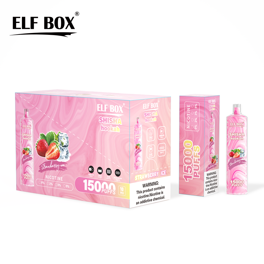 Confezione di Elf Box Shisha Hookah con una scatola rosa etichettata "Strawberry Ice", con un'immagine di bottiglia che mostra 15.000 boccate e opzioni di nicotina da 0% a 5%. Sono visibili etichette di avvertenza sulla dipendenza da nicotina.